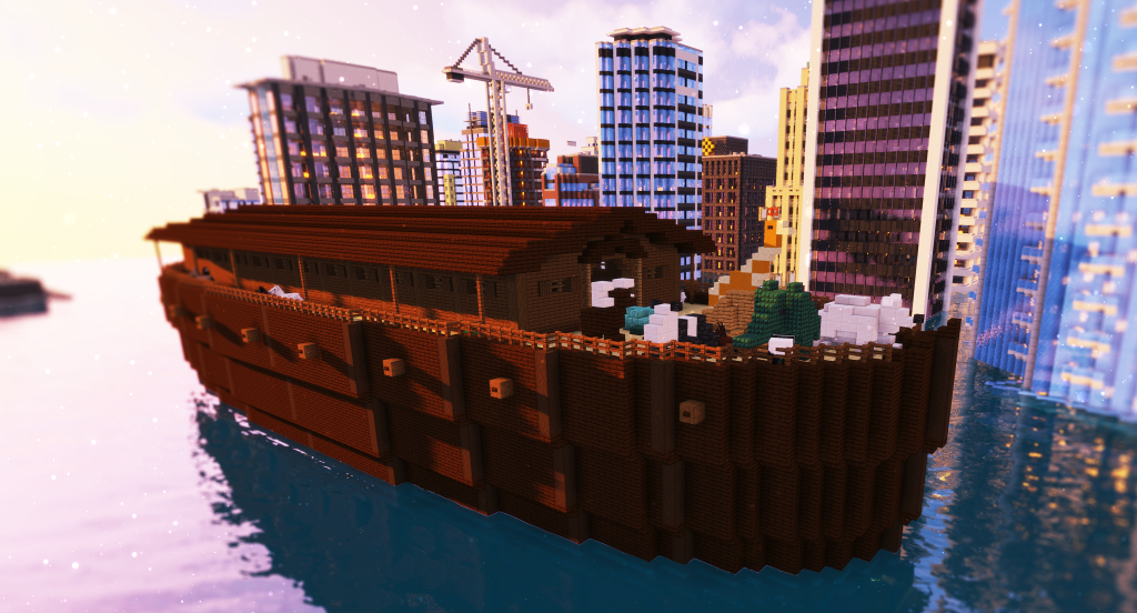 in Minecraft: Arche Noah fährt durch überflutete Hochhaussiedlung