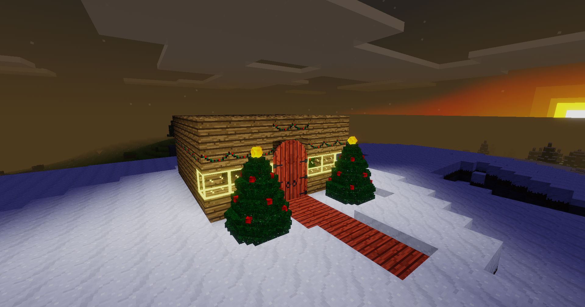 Minetest Haus mit zwei Weihnachtsbäumen davor