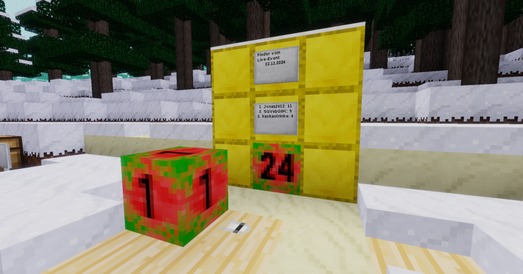 Minetest Gewinnerliste mit den Adventskalenderblöcken 1 und 24